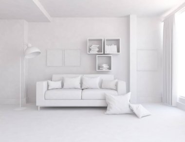 Bir beyaz İskandinav oda iç mobilya ile fikir. Ev nordic iç.