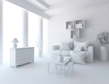 Bir beyaz İskandinav oda iç mobilya ile fikir. Ev nordic iç.