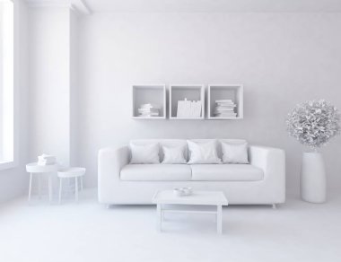 Bir beyaz İskandinav oda iç mobilya ile fikir. Ev nordic iç.