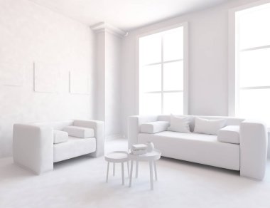 Bir beyaz İskandinav oda iç mobilya ile fikir. Ev nordic iç.