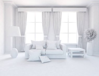 Bir beyaz İskandinav oda iç mobilya ile fikir. Ev nordic iç.