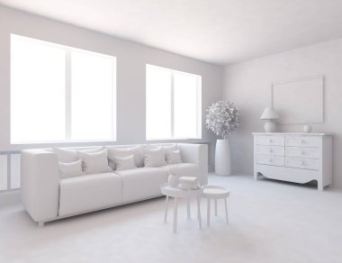 Bir beyaz İskandinav oda iç mobilya ile fikir. Ev nordic iç.