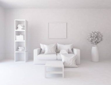 Bir beyaz İskandinav oda iç mobilya ile fikir. Ev nordic iç.