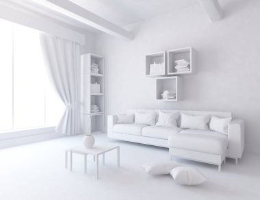 Bir beyaz İskandinav oda iç mobilya ile fikir. Ev nordic iç.