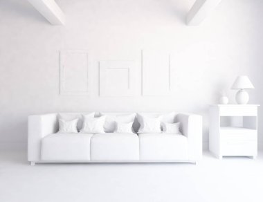 Bir beyaz İskandinav oda iç mobilya ile fikir. Ev nordic iç.