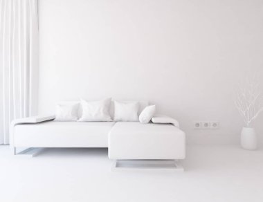 Bir beyaz İskandinav oda iç mobilya ile fikir. Ev nordic iç.