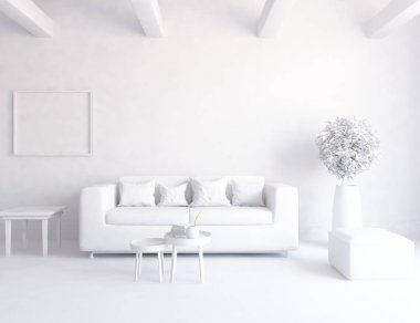 Bir beyaz İskandinav oda iç mobilya ile fikir. Ev nordic iç.