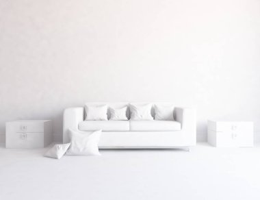 Bir beyaz İskandinav oda iç mobilya ile fikir. Ev nordic iç.