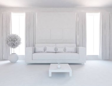 Bir beyaz İskandinav oda iç mobilya ile fikir. Ev nordic iç.