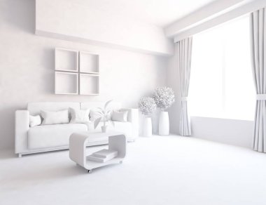 Bir beyaz İskandinav oda iç mobilya ile fikir. Ev nordic iç.