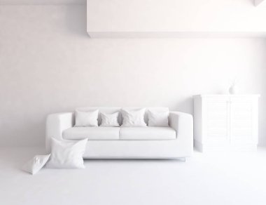 Bir beyaz İskandinav oda iç mobilya ile fikir. Ev nordic iç.