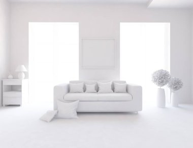 Bir beyaz İskandinav oda iç mobilya ile fikir. Ev nordic iç.