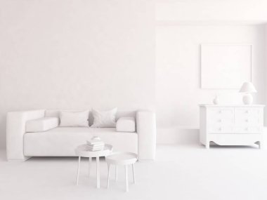 Bir beyaz İskandinav oda iç mobilya ile fikir. Ev nordic iç.