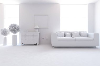 Bir beyaz İskandinav oda iç mobilya ile fikir. Ev nordic iç.