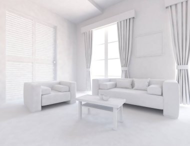 Bir beyaz İskandinav oda iç mobilya ile fikir. Ev nordic iç.