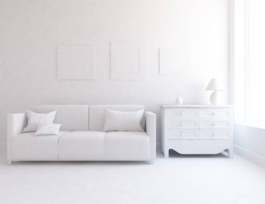 Bir beyaz İskandinav oda iç mobilya ile fikir. Ev nordic iç.