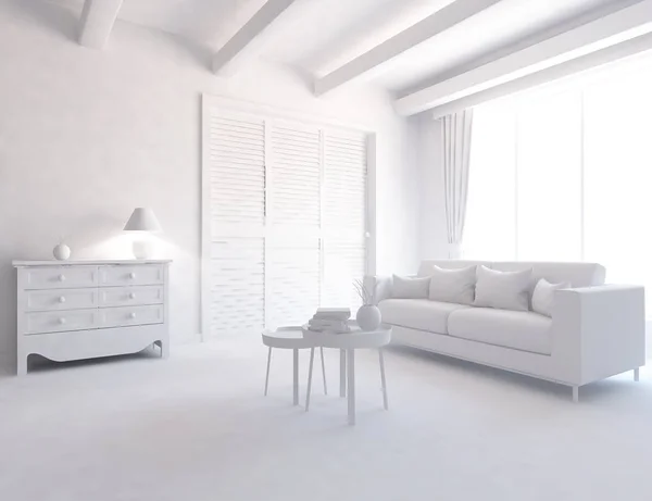 一个白色的斯堪的纳维亚房间内部与家具的想法 家庭北欧内饰 — 图库照片