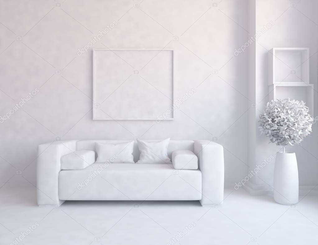 Idea of a white scandinavian room interior with furniture. Home nordic interior.