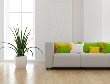 Bir beyaz İskandinav oturma odası iç kanepe ve penceresinde beyaz manzara ile fikir. Ev nordic iç. 3D çizim - illüstrasyon