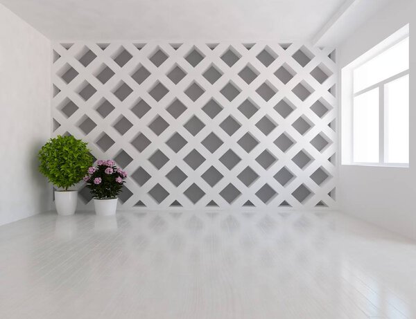 Idea of a white empty scandinavian room interior with vases on wooden floor  . Home nordic interior. 3D illustration - Illustration