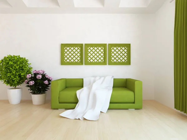 Idee Eines Weißen Skandinavischen Wohnzimmers Mit Sofa Und Weißer Landschaft — Stockfoto