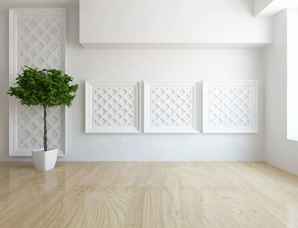 一个白色的空斯堪的纳维亚房间内部与花瓶在木地板上的想法 家北欧内饰 — 图库照片