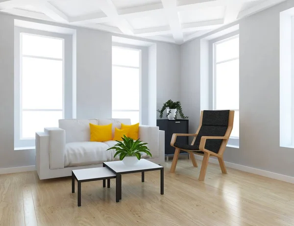 Idea White Scandinavian Living Room Interior Sofa White Landscape Windows — Stock Photo, Image