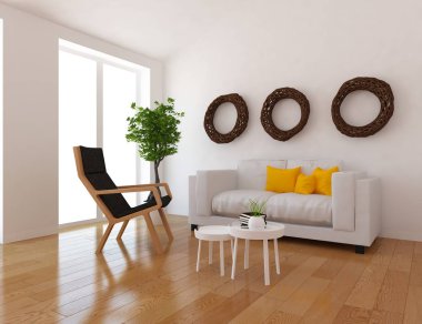 Büyük duvardaki beyaz İskandinav oturma odası iç kanepe, ahşap zemin ve dekor ile fikir. Ev nordic iç. 3D çizim 