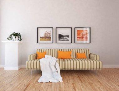 Bir beyaz İskandinav oturma odası iç kanepe, ahşap zemin ve büyük duvar ve penceresinde Beyaz Peyzaj dekor ile fikir. Ev nordic iç. 3D çizim - illüstrasyon