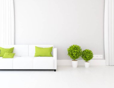 Bir beyaz İskandinav oturma odası iç kanepe ve bitkiler, ahşap zemin ile fikir. Ev nordic iç. 3D çizim 