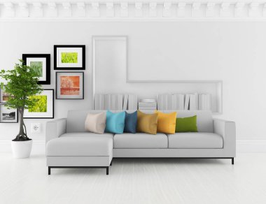 Bir beyaz İskandinav oturma odası iç kanepe ve bitki ile fikir. Ev nordic iç. 3D çizim 