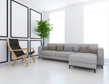 Bir beyaz İskandinav oturma odası iç kanepe ve bitki ile fikir. Ev nordic iç. 3D çizim 