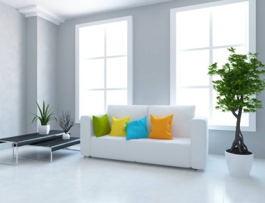 Bir beyaz İskandinav oturma odası iç kanepe ve bitkiler, ahşap zemin ile fikir. Ev nordic iç. 3D çizim 