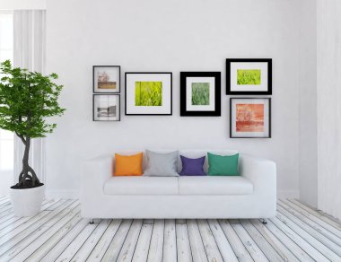 Bir İskandinav oturma odası iç kanepe, ahşap zemin ve büyük duvar dekor ile fikir. Ev nordic iç. 3D çizim - illüstrasyon