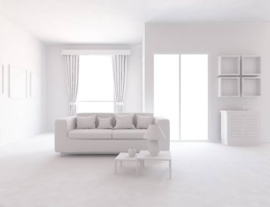 Beyaz Oda iç mobilya ile. İskandinav iç tasarım. 3D çizim