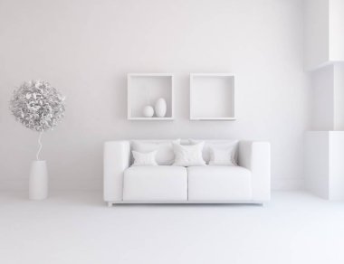 Beyaz Oda iç mobilya ile. İskandinav iç tasarım. 3D çizim