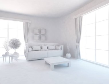 Beyaz Oda iç mobilya ile. İskandinav iç tasarım. 3D çizim