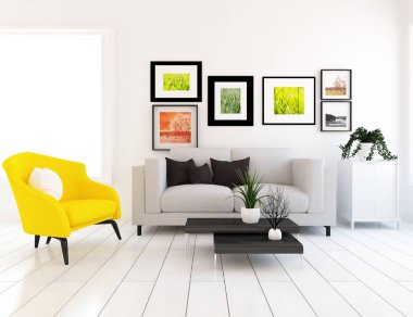 Bir beyaz İskandinav oturma odası iç kanepe ve ahşap zemin ile fikir. Ev nordic iç. 3D çizim 