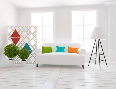 Bir beyaz İskandinav oturma odası iç kanepe ve penceresinde beyaz manzara ile fikir. Ev nordic iç. 3D çizim - illüstrasyon