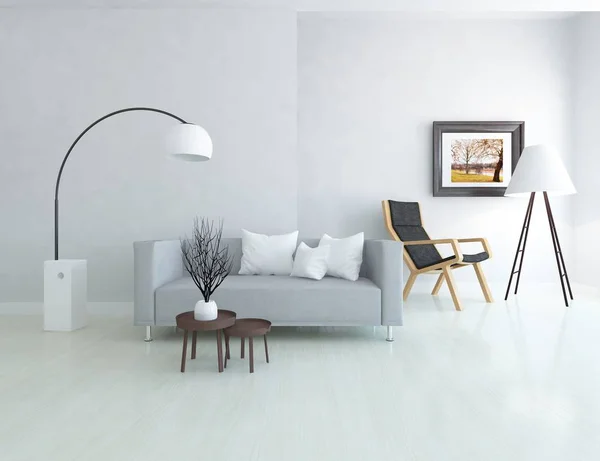 Idea White Scandinavian Living Room Interior Sofa White Landscape Window — Stock Photo, Image