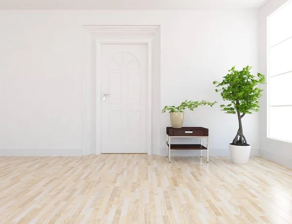 Ide Interior Ruangan Skandinavia Putih Kosong Dengan Vas Lantai Kayu — Stok Foto