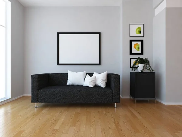 Idea Wnętrza Biały Skandynawski Salon Sofą Drewniane Podłogi Urządzone Ścianie — Zdjęcie stockowe