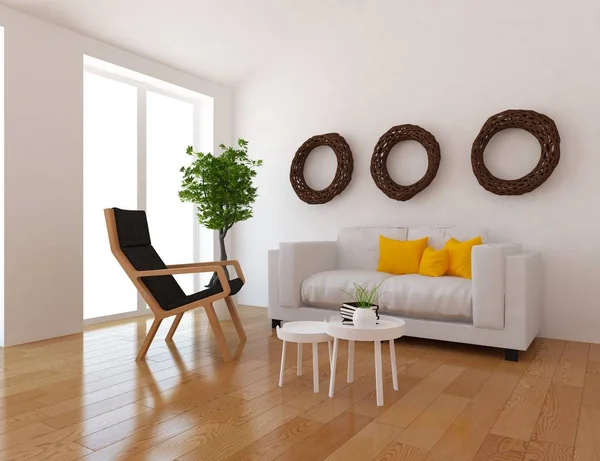 Idea Una Sala Estar Escandinava Blanca Interior Con Sofá Suelo —  Fotos de Stock