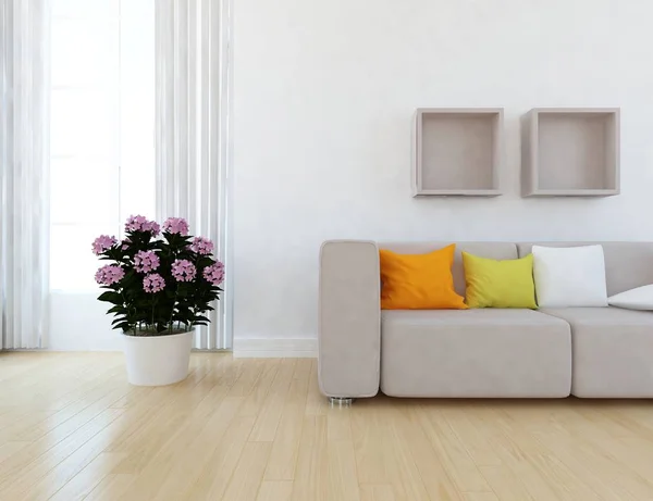 Představu Interiéru Bílého Skandinávského Obývacího Pokoje Pohovkou Dřevěné Podlahy Výzdobu — Stock fotografie