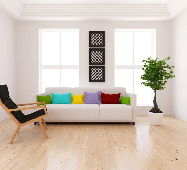 Idea Wnętrza Biały Skandynawski Salon Sofą Drewniane Podłogi Urządzone Ścianie — Zdjęcie stockowe