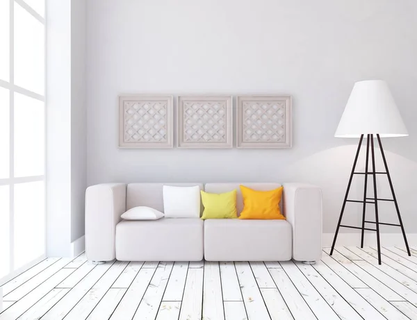 Idea Soggiorno Scandinavo Bianco Interno Con Divano Sul Pavimento Legno — Foto Stock