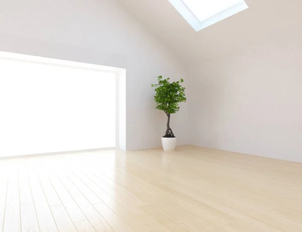 Idea of a white empty scandinavian room interior with plant on wooden floor  . Home nordic interior. 3D illustration - Illustration