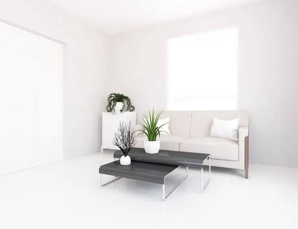 Idea White Scandinavian Living Room Interior Sofa Plants Wooden Floor — Stock Photo, Image