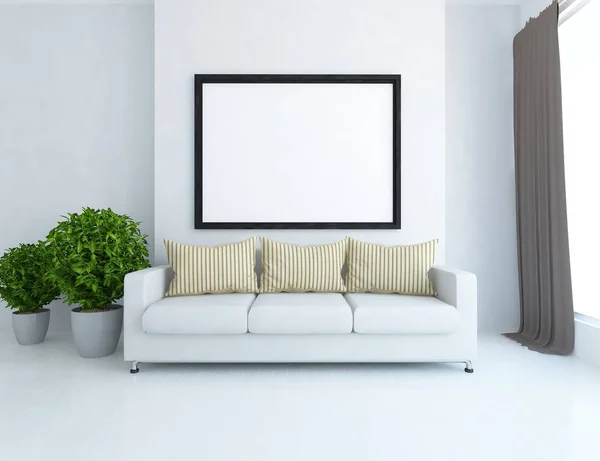 Idee Eines Weißen Skandinavischen Wohnzimmers Mit Sofa Und Pflanzen Holzboden — Stockfoto