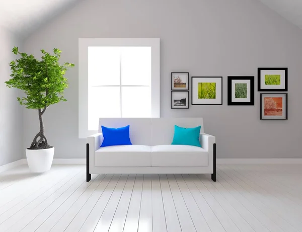 Idea of a white scandinavian living room interior with sofa and   plant  . Home nordic interior. 3D illustration